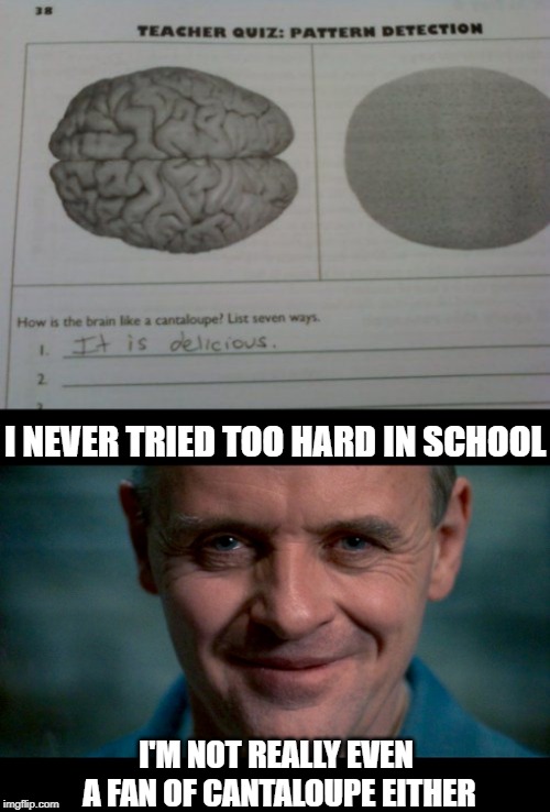 He didn't use his brain too much, just other peoples | I NEVER TRIED TOO HARD IN SCHOOL; I'M NOT REALLY EVEN A FAN OF CANTALOUPE EITHER | image tagged in hannibal,school,test,cannibals,answer,eating brains | made w/ Imgflip meme maker
