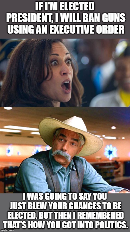 IF I'M ELECTED PRESIDENT, I WILL BAN GUNS USING AN EXECUTIVE ORDER; I WAS GOING TO SAY YOU JUST BLEW YOUR CHANCES TO BE ELECTED, BUT THEN I REMEMBERED THAT'S HOW YOU GOT INTO POLITICS. | image tagged in sam elliott the big lebowski,kamala harriss | made w/ Imgflip meme maker