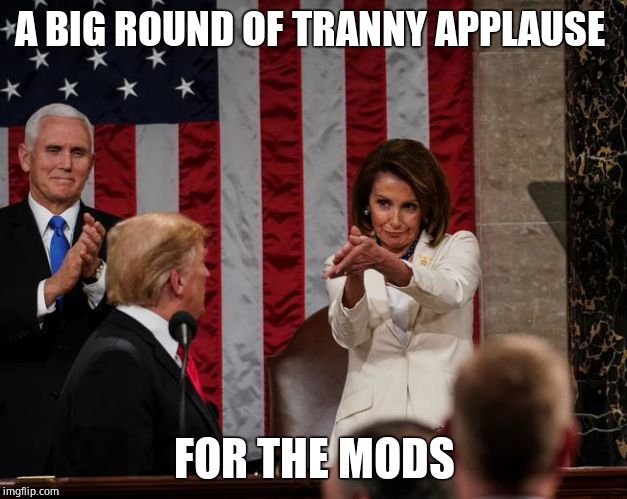 Nancy Pelosi Clap | A BIG ROUND OF TRANNY APPLAUSE FOR THE MODS | image tagged in nancy pelosi clap | made w/ Imgflip meme maker