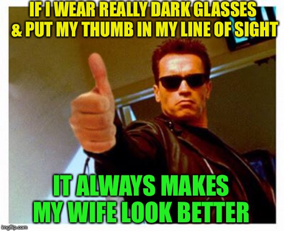 terminator thumbs up | IF I WEAR REALLY DARK GLASSES & PUT MY THUMB IN MY LINE OF SIGHT IT ALWAYS MAKES MY WIFE LOOK BETTER | image tagged in terminator thumbs up | made w/ Imgflip meme maker