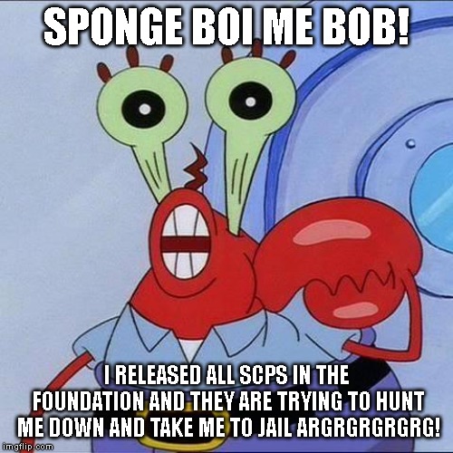 Mr Krabs big eyes | SPONGE BOI ME BOB! I RELEASED ALL SCPS IN THE FOUNDATION AND THEY ARE TRYING TO HUNT ME DOWN AND TAKE ME TO JAIL ARGRGRGRGRG! | image tagged in mr krabs big eyes,scp meme | made w/ Imgflip meme maker