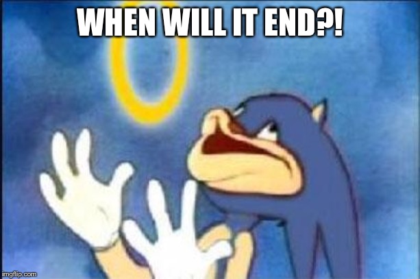 Sonic derp | WHEN WILL IT END?! | image tagged in sonic derp | made w/ Imgflip meme maker