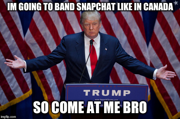 Donald Trump | IM GOING TO BAND SNAPCHAT LIKE IN CANADA; SO COME AT ME BRO | image tagged in donald trump | made w/ Imgflip meme maker