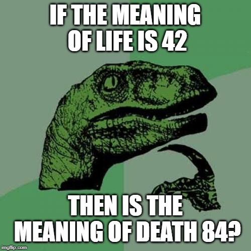 Philosoraptor | IF THE MEANING OF LIFE IS 42; THEN IS THE MEANING OF DEATH 84? | image tagged in memes,philosoraptor | made w/ Imgflip meme maker