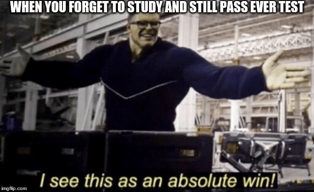 I See This as an Absolute Win! | WHEN YOU FORGET TO STUDY AND STILL PASS EVER TEST | image tagged in i see this as an absolute win | made w/ Imgflip meme maker