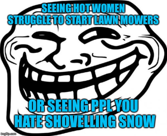 Perks of each season | SEEING HOT WOMEN STRUGGLE TO START LAWN MOWERS; OR SEEING PPL YOU HATE SHOVELLING SNOW | image tagged in memes,troll face | made w/ Imgflip meme maker