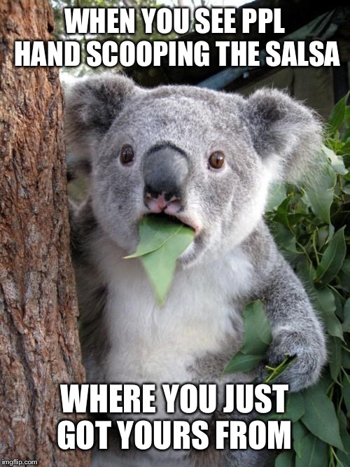 What have you done to me, I can't believe I just put that salsa inside my body. It tasted exactly like strangers hands | WHEN YOU SEE PPL HAND SCOOPING THE SALSA; WHERE YOU JUST GOT YOURS FROM | image tagged in memes,surprised koala | made w/ Imgflip meme maker