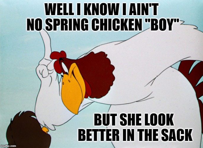 fog horn | WELL I KNOW I AIN'T NO SPRING CHICKEN "BOY" BUT SHE LOOK BETTER IN THE SACK | image tagged in fog horn | made w/ Imgflip meme maker