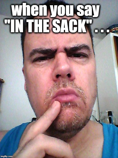 puzzled | when you say "IN THE SACK" . . . | image tagged in puzzled | made w/ Imgflip meme maker