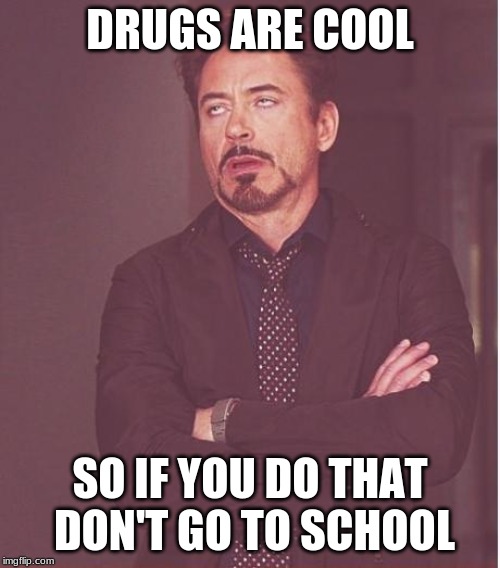 Face You Make Robert Downey Jr | DRUGS ARE COOL; SO IF YOU DO THAT DON'T GO TO SCHOOL | image tagged in memes,face you make robert downey jr | made w/ Imgflip meme maker