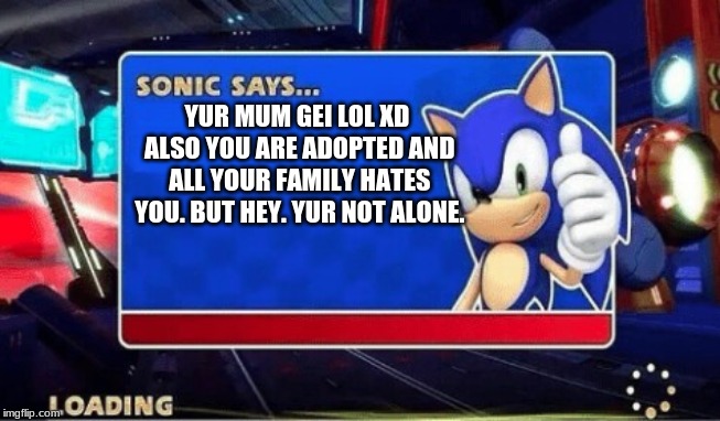 Sonic Says | YUR MUM GEI LOL XD ALSO YOU ARE ADOPTED AND ALL YOUR FAMILY HATES YOU. BUT HEY. YUR NOT ALONE. | image tagged in sonic says | made w/ Imgflip meme maker