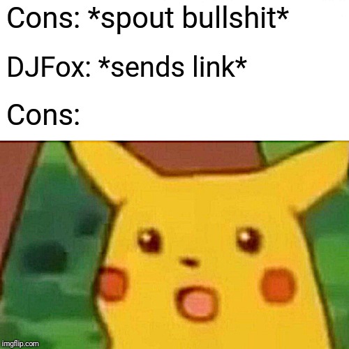 Surprised Pikachu Meme | Cons: *spout bullshit* DJFox: *sends link* Cons: | image tagged in memes,surprised pikachu | made w/ Imgflip meme maker