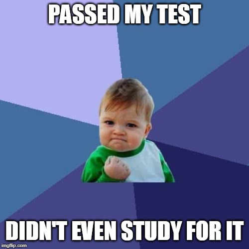 Success Kid Meme | PASSED MY TEST; DIDN'T EVEN STUDY FOR IT | image tagged in memes,success kid | made w/ Imgflip meme maker