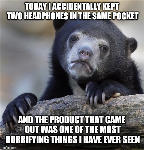 Confession Bear Meme | TODAY I ACCIDENTALLY KEPT TWO HEADPHONES IN THE SAME POCKET; AND THE PRODUCT THAT CAME OUT WAS ONE OF THE MOST HORRIFYING THINGS I HAVE EVER SEEN | image tagged in memes,confession bear | made w/ Imgflip meme maker