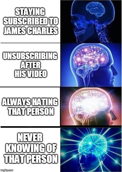 Expanding Brain Meme | STAYING SUBSCRIBED TO JAMES CHARLES; UNSUBSCRIBING AFTER HIS VIDEO; ALWAYS HATING THAT PERSON; NEVER KNOWING OF THAT PERSON | image tagged in memes,expanding brain | made w/ Imgflip meme maker