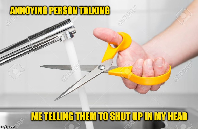 cutting water with scissors | ANNOYING PERSON TALKING; ME TELLING THEM TO SHUT UP IN MY HEAD | image tagged in cutting water with scissors | made w/ Imgflip meme maker