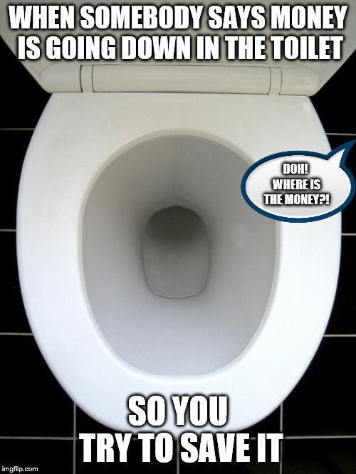 TOILET | WHEN SOMEBODY SAYS MONEY IS GOING DOWN IN THE TOILET; DOH! WHERE IS THE MONEY?! SO YOU TRY TO SAVE IT | image tagged in toilet | made w/ Imgflip meme maker
