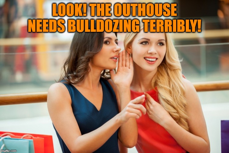 Women gossip | LOOK! THE OUTHOUSE NEEDS BULLDOZING TERRIBLY! | image tagged in women gossip | made w/ Imgflip meme maker