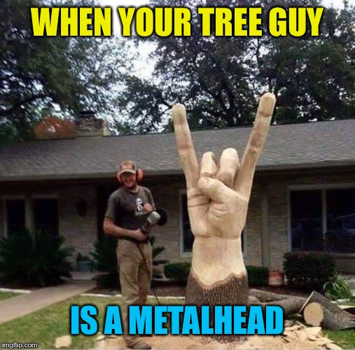 Crank it up like a chainsaw | WHEN YOUR TREE GUY; IS A METALHEAD | image tagged in metalhead,tree,guys,chainsaw,heavy metal | made w/ Imgflip meme maker