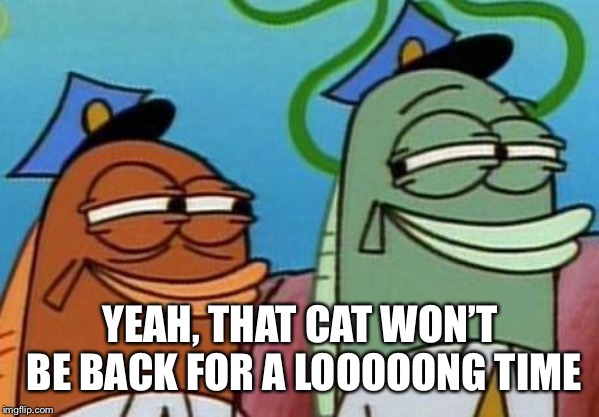 spongebob cop fish | YEAH, THAT CAT WON’T BE BACK FOR A LOOOOONG TIME | image tagged in spongebob cop fish | made w/ Imgflip meme maker