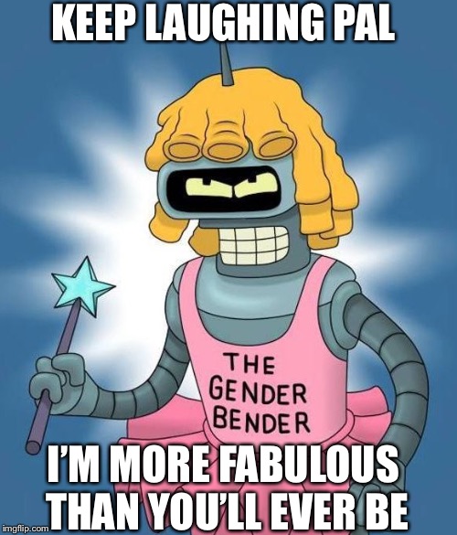 Gender Bender | KEEP LAUGHING PAL; I’M MORE FABULOUS THAN YOU’LL EVER BE | image tagged in gender bender | made w/ Imgflip meme maker