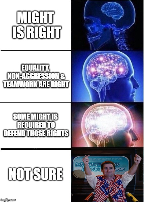 Not Sure | MIGHT IS RIGHT; EQUALITY, NON-AGGRESSION & TEAMWORK ARE RIGHT; SOME MIGHT IS REQUIRED TO DEFEND THOSE RIGHTS; NOT SURE | image tagged in memes,expanding brain,idiocracy,philosophy,enlightenment,i don't know | made w/ Imgflip meme maker