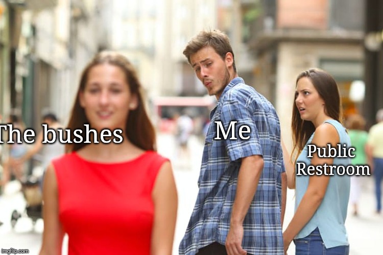 Distracted Boyfriend Meme | Me; The bushes; Public Restroom | image tagged in memes,distracted boyfriend | made w/ Imgflip meme maker