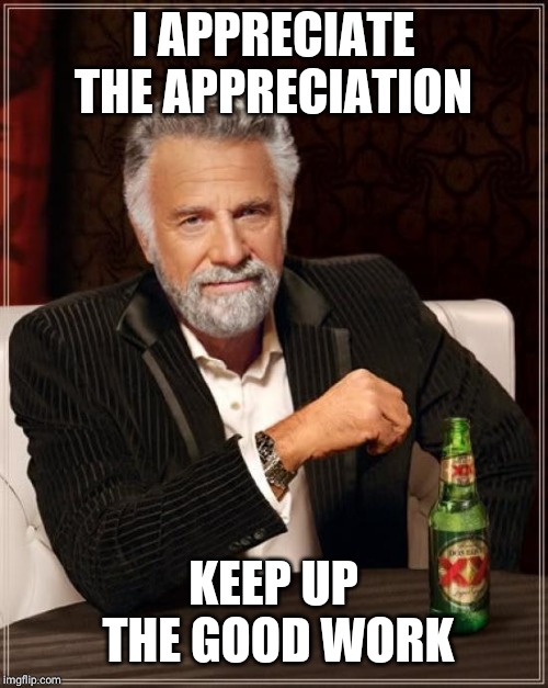 The Most Interesting Man In The World Meme | I APPRECIATE THE APPRECIATION KEEP UP THE GOOD WORK | image tagged in memes,the most interesting man in the world | made w/ Imgflip meme maker