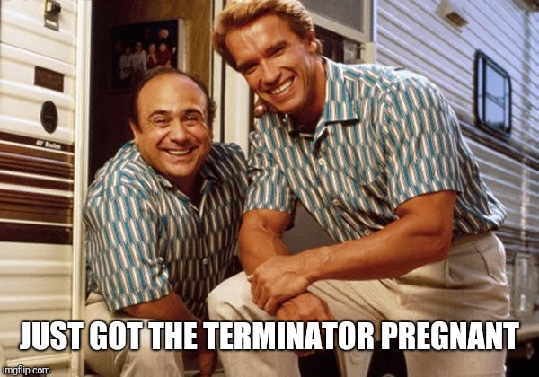 Arnold Schwarzenegger & Danny DeVito | JUST GOT THE TERMINATOR PREGNANT | image tagged in arnold schwarzenegger  danny devito | made w/ Imgflip meme maker