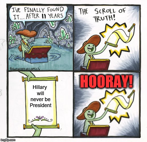 She didn't win in 2008, didn't win in 2016, she won't win in 2024 either. | HOORAY! Hillary will never be President | image tagged in memes,the scroll of truth,hillary clinton | made w/ Imgflip meme maker