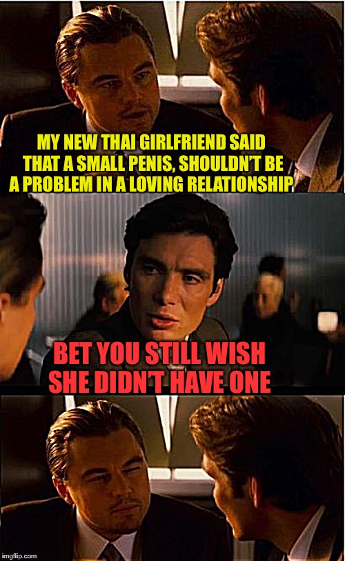Inception - Double gut punch | MY NEW THAI GIRLFRIEND SAID THAT A SMALL PENIS, SHOULDN’T BE A PROBLEM IN A LOVING RELATIONSHIP; BET YOU STILL WISH SHE DIDN’T HAVE ONE | image tagged in inception,thai,penis jokes,lady,boy,frontpage | made w/ Imgflip meme maker