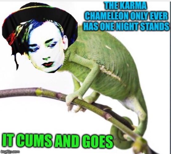 A repost of one of mine from months ago. | image tagged in karma chameleon,boy george,culture club,80s music,takeonme,memers block | made w/ Imgflip meme maker
