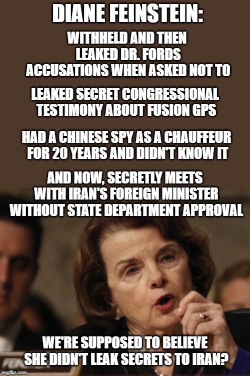 This women leaks worst than a dripping faucet. | DIANE FEINSTEIN:; WITHHELD AND THEN LEAKED DR. FORDS ACCUSATIONS WHEN ASKED NOT TO; LEAKED SECRET CONGRESSIONAL  TESTIMONY ABOUT FUSION GPS; HAD A CHINESE SPY AS A CHAUFFEUR FOR 20 YEARS AND DIDN'T KNOW IT; AND NOW, SECRETLY MEETS WITH IRAN'S FOREIGN MINISTER WITHOUT STATE DEPARTMENT APPROVAL; WE'RE SUPPOSED TO BELIEVE SHE DIDN'T LEAK SECRETS TO IRAN? | image tagged in feinstein | made w/ Imgflip meme maker