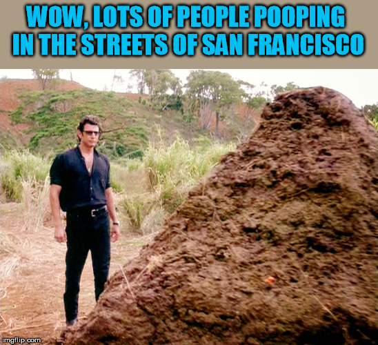 so much poop in the streets | WOW, LOTS OF PEOPLE POOPING IN THE STREETS OF SAN FRANCISCO | image tagged in memes poop jurassic park,pooping,san francisco,crappy memes | made w/ Imgflip meme maker
