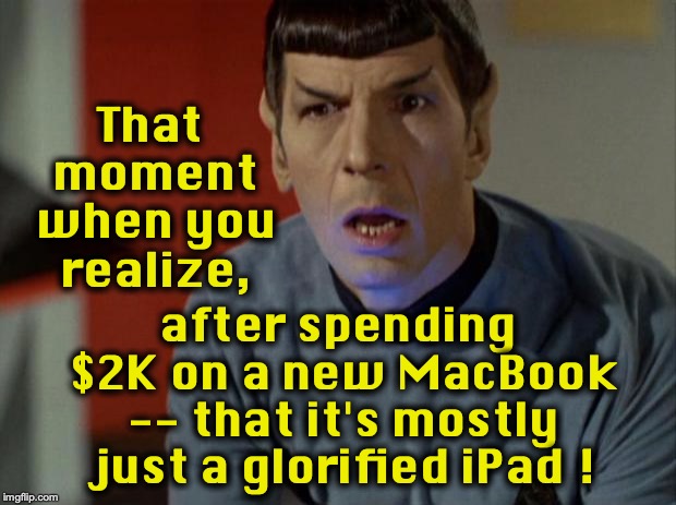 Shocked Spock  | That moment when you realize, after spending $2K on a new MacBook -- that it's mostly just a glorified iPad ! | image tagged in shocked spock | made w/ Imgflip meme maker
