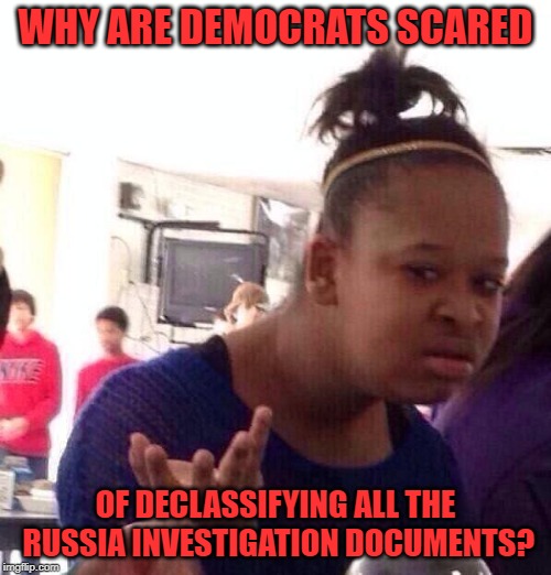 Black Girl Wat Meme | WHY ARE DEMOCRATS SCARED; OF DECLASSIFYING ALL THE RUSSIA INVESTIGATION DOCUMENTS? | image tagged in memes,black girl wat | made w/ Imgflip meme maker