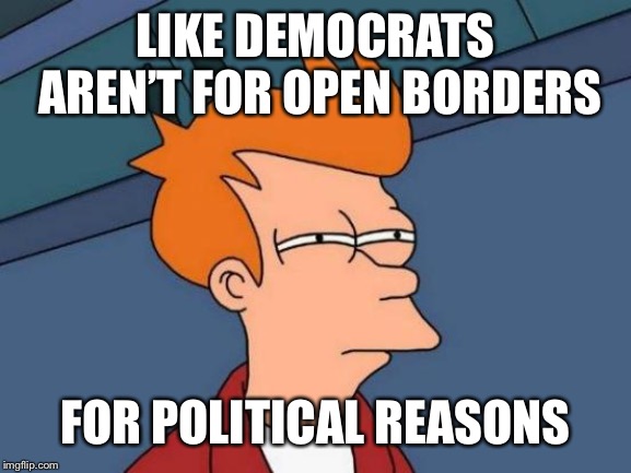 Futurama Fry Meme | LIKE DEMOCRATS AREN’T FOR OPEN BORDERS FOR POLITICAL REASONS | image tagged in memes,futurama fry | made w/ Imgflip meme maker