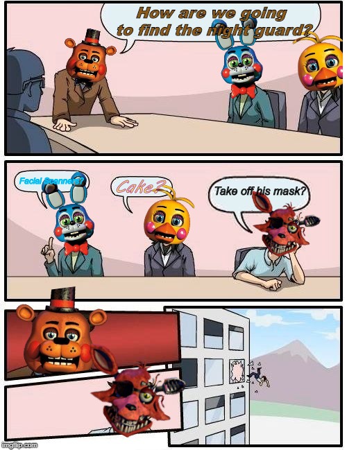 Fnaf isn't dead | How are we going to find the night guard? Facial Scanners? Take off his mask? Cake? | image tagged in memes,boardroom meeting suggestion | made w/ Imgflip meme maker