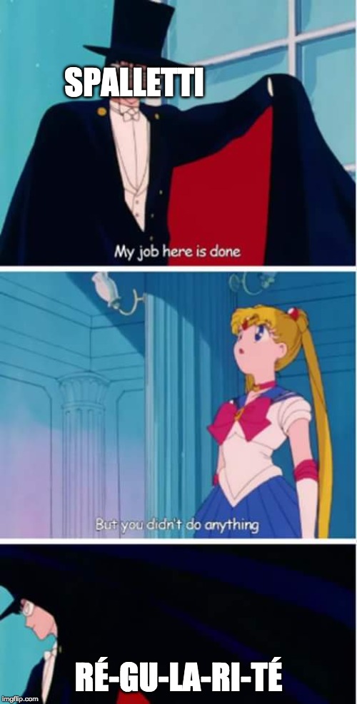 sailor moon you didn't do anything | SPALLETTI; RÉ-GU-LA-RI-TÉ | image tagged in sailor moon you didn't do anything | made w/ Imgflip meme maker