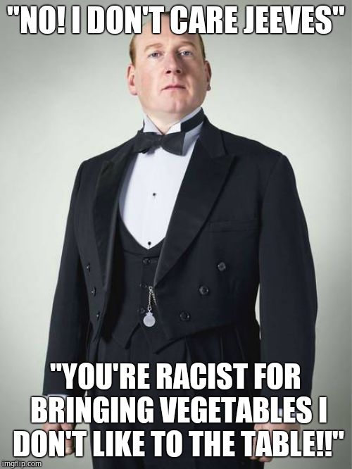 English Butler | "NO! I DON'T CARE JEEVES" "YOU'RE RACIST FOR BRINGING VEGETABLES I DON'T LIKE TO THE TABLE!!" | image tagged in english butler | made w/ Imgflip meme maker