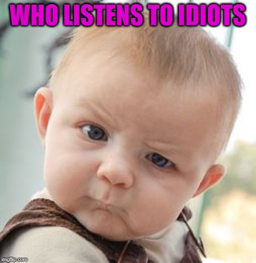 Skeptical Baby Meme | WHO LISTENS TO IDIOTS | image tagged in memes,skeptical baby | made w/ Imgflip meme maker
