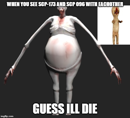 only SCP fans will understand this meme | WHEN YOU SEE SCP-173 AND SCP 096 WITH EACHOTHER; GUESS ILL DIE | image tagged in scp meme,memes | made w/ Imgflip meme maker