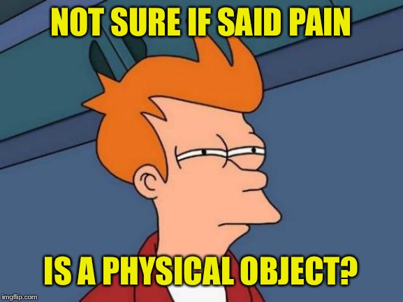 Futurama Fry Meme | NOT SURE IF SAID PAIN IS A PHYSICAL OBJECT? | image tagged in memes,futurama fry | made w/ Imgflip meme maker