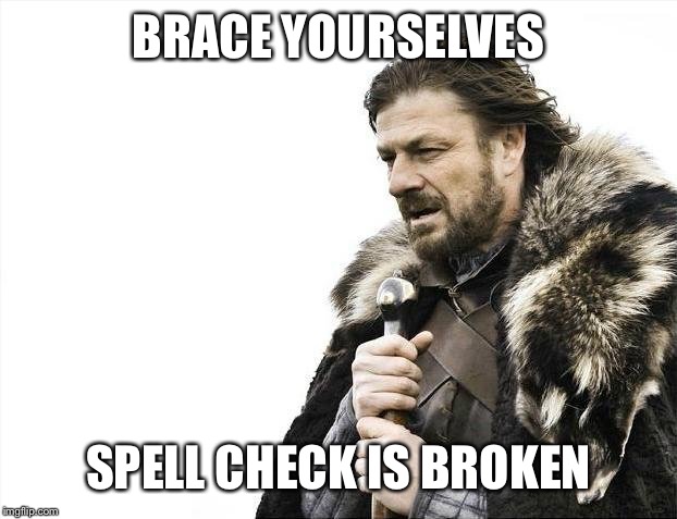 Brace Yourselves X is Coming Meme | BRACE YOURSELVES SPELL CHECK IS BROKEN | image tagged in memes,brace yourselves x is coming | made w/ Imgflip meme maker