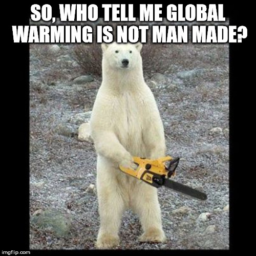 Chainsaw Bear | SO, WHO TELL ME GLOBAL WARMING IS NOT MAN MADE? | image tagged in memes,chainsaw bear | made w/ Imgflip meme maker