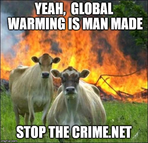 Evil Cows Meme | YEAH,  GLOBAL WARMING IS MAN MADE; STOP THE CRIME.NET | image tagged in memes,evil cows | made w/ Imgflip meme maker