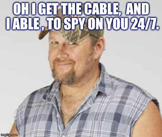 Larry The Cable Guy Meme |  OH I GET THE CABLE,  AND I ABLE , TO SPY ON YOU 24/7. | image tagged in memes,larry the cable guy | made w/ Imgflip meme maker