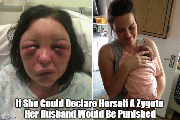 "If She Could Declare Herself A Zygote..." | If She Could Declare Herself A Zygote; Her Husband Would Be Punished | image tagged in spouse abuse,wife beating,abortion,machismo,male dominance,wife beater | made w/ Imgflip meme maker