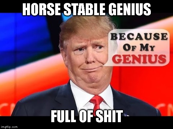 Knows More About Horse Stables Than Anyone Else, Believe Me! | HORSE STABLE GENIUS; FULL OF SHIT | image tagged in full of shit,donald trump is an idiot,moron,dumb ass,impeach trump | made w/ Imgflip meme maker