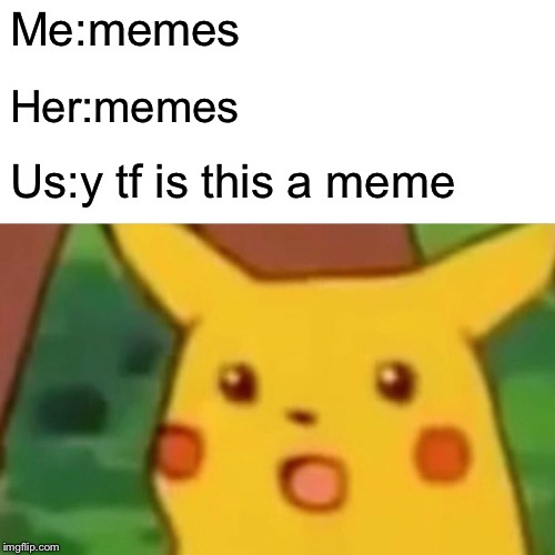 Surprised Pikachu | Me:memes; Her:memes; Us:y tf is this a meme | image tagged in memes,surprised pikachu | made w/ Imgflip meme maker